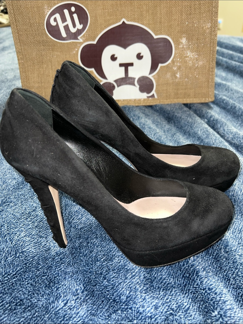 Miu Miu Black Suede Round-Toe Pumps with Nude Insole